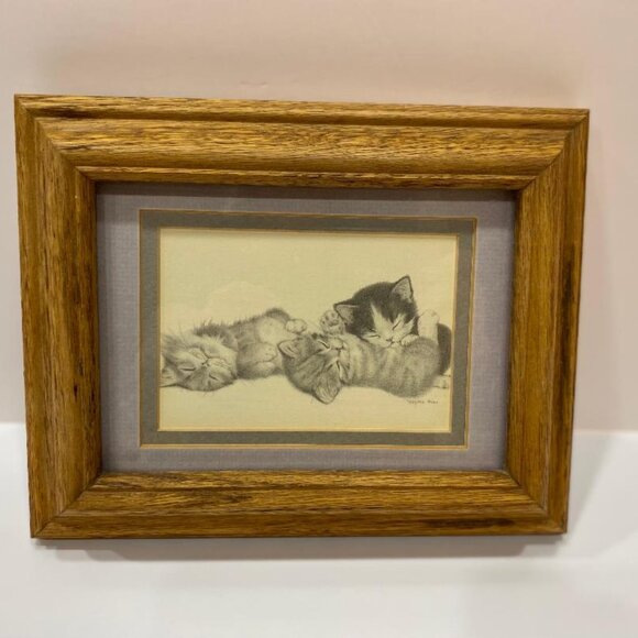 Other - Oak Deep Framed Kittens Slumbering Print Matted Ready to Hang